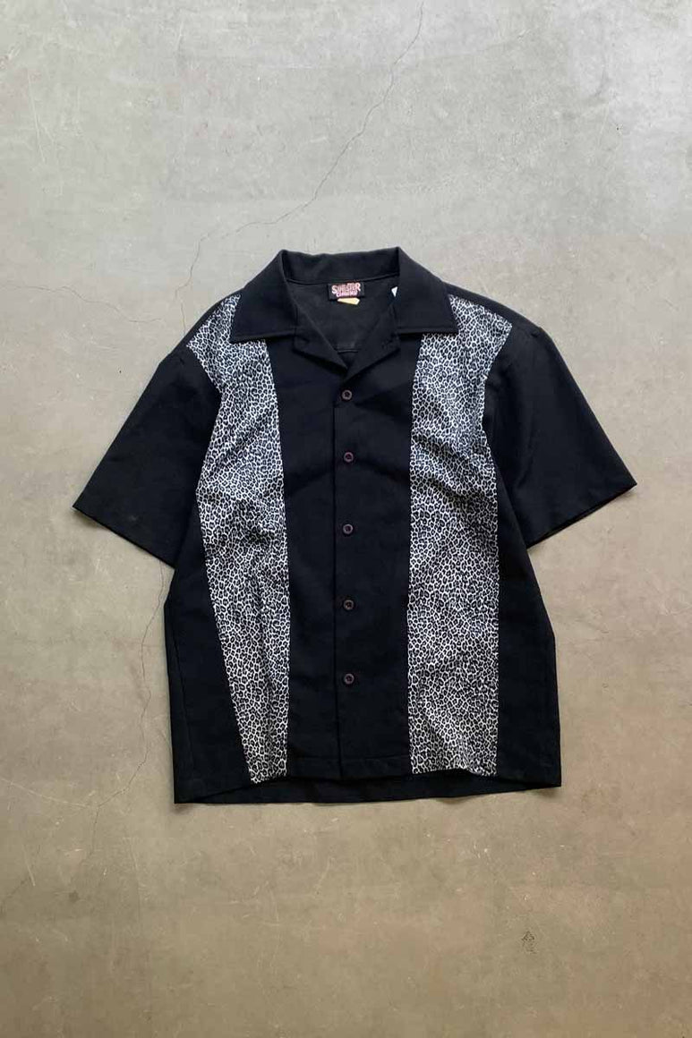 90'S S/S OPEN COLLAR LEOPARD DESIGN POLY SHIRT / BLACK [SIZE: L USED]