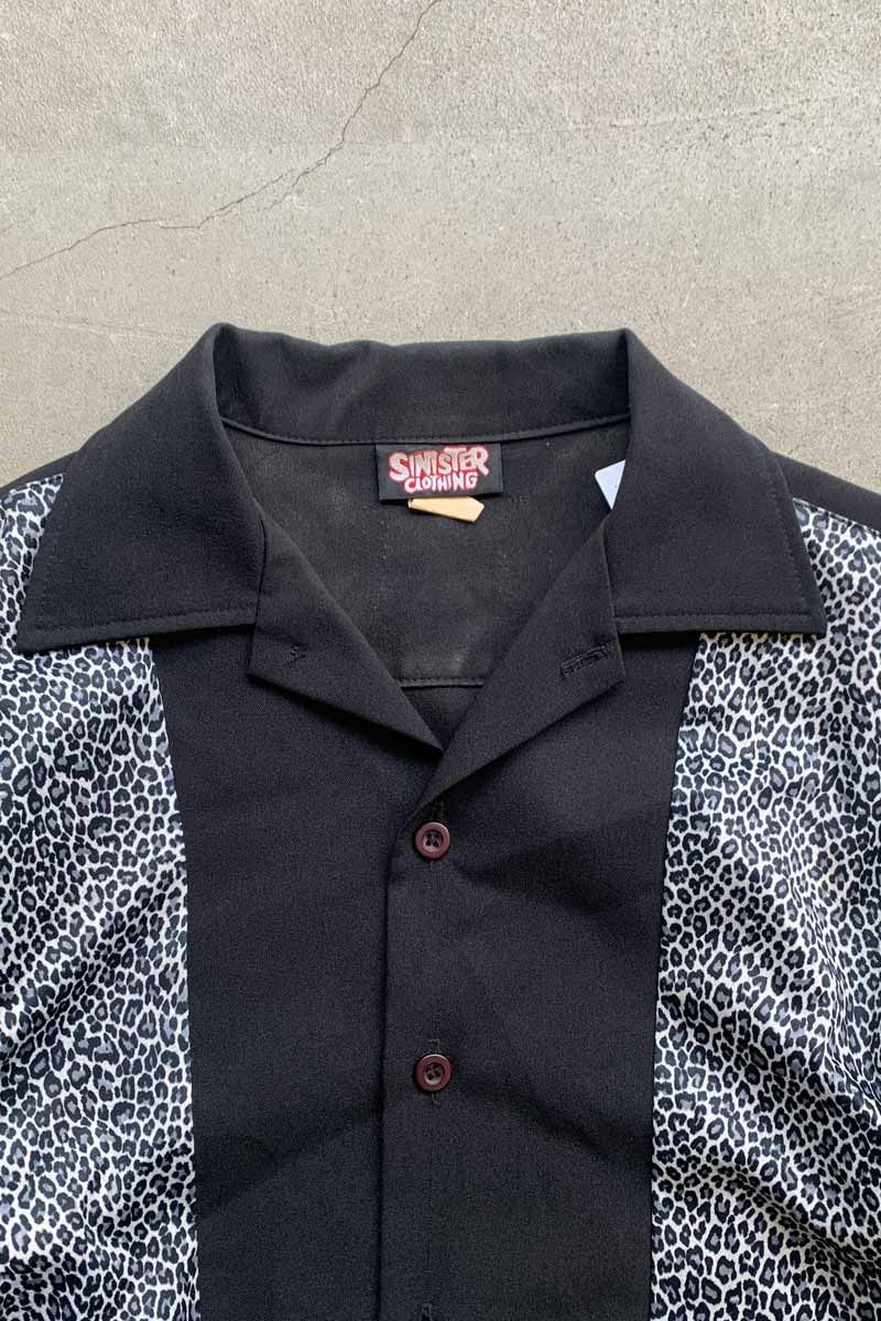 90'S S/S OPEN COLLAR LEOPARD DESIGN POLY SHIRT / BLACK [SIZE: L USED]