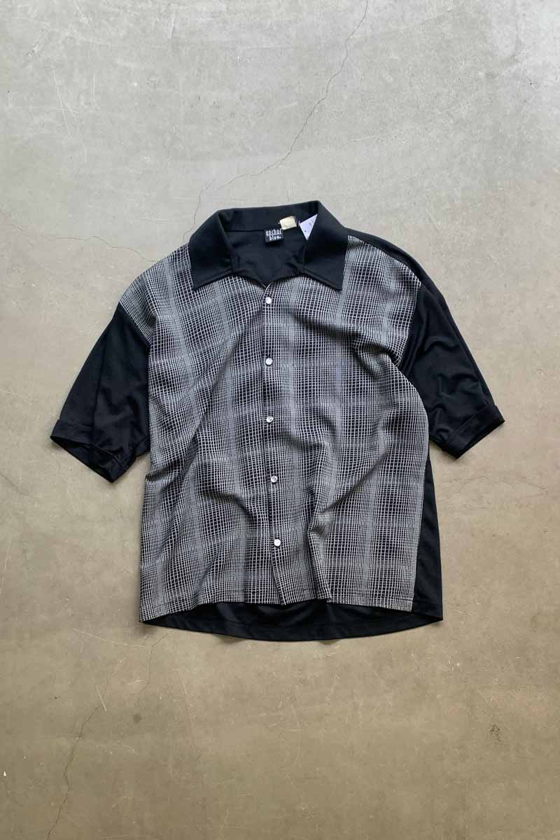 MADE IN USA 90'S S/S OPEN COLLAR CHECK DESIGN POLY SHIRT / BLACK [SIZE: L USED]