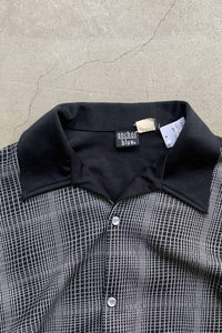 MADE IN USA 90'S S/S OPEN COLLAR CHECK DESIGN POLY SHIRT / BLACK [SIZE: L USED]