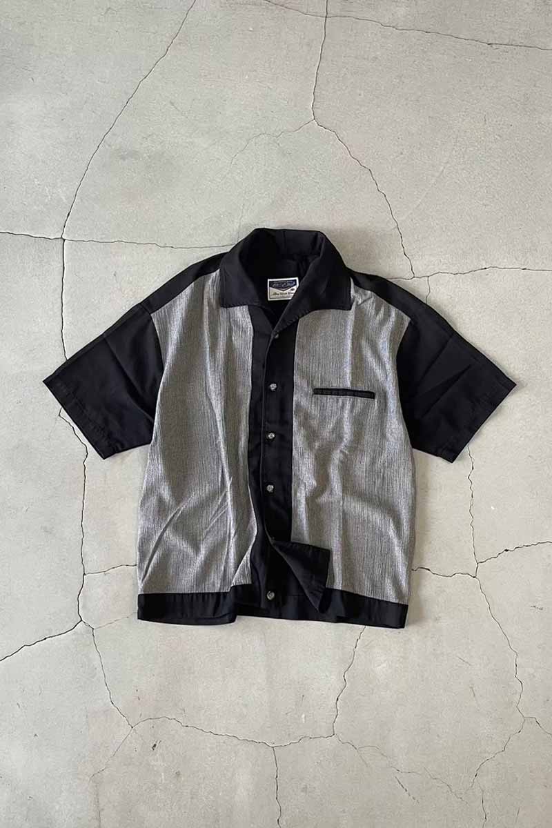 MADE IN USA 90'S S/S OPEN COLLAR TWO TONE SHIRT / BLACK [SIZE: L USED]