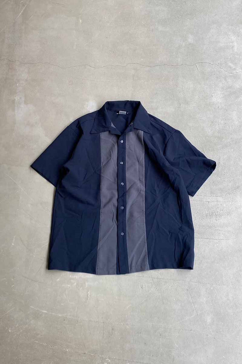 90'S S/S OPEN COLLAR STITCH TWO TONE DESIGN POLY SHIRT / NAVY [SIZE: XL USED]