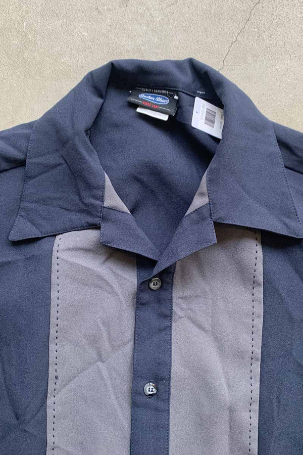 90'S S/S OPEN COLLAR STITCH TWO TONE DESIGN POLY SHIRT / NAVY [SIZE: XL USED]