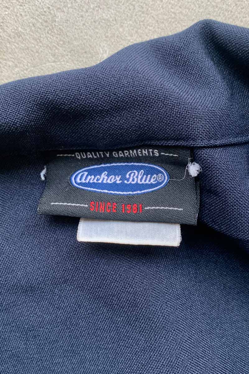 90'S S/S OPEN COLLAR STITCH TWO TONE DESIGN POLY SHIRT / NAVY [SIZE: XL USED]