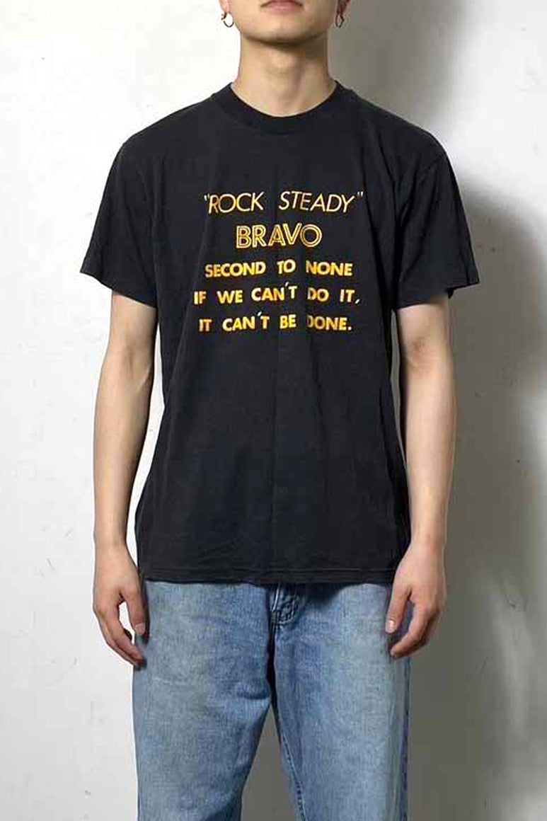 MADE IN USA 90'S ROCK STEADY PRINT MESSAGE PRINT T-SHIRT / BLACK [SIZE: L USED]