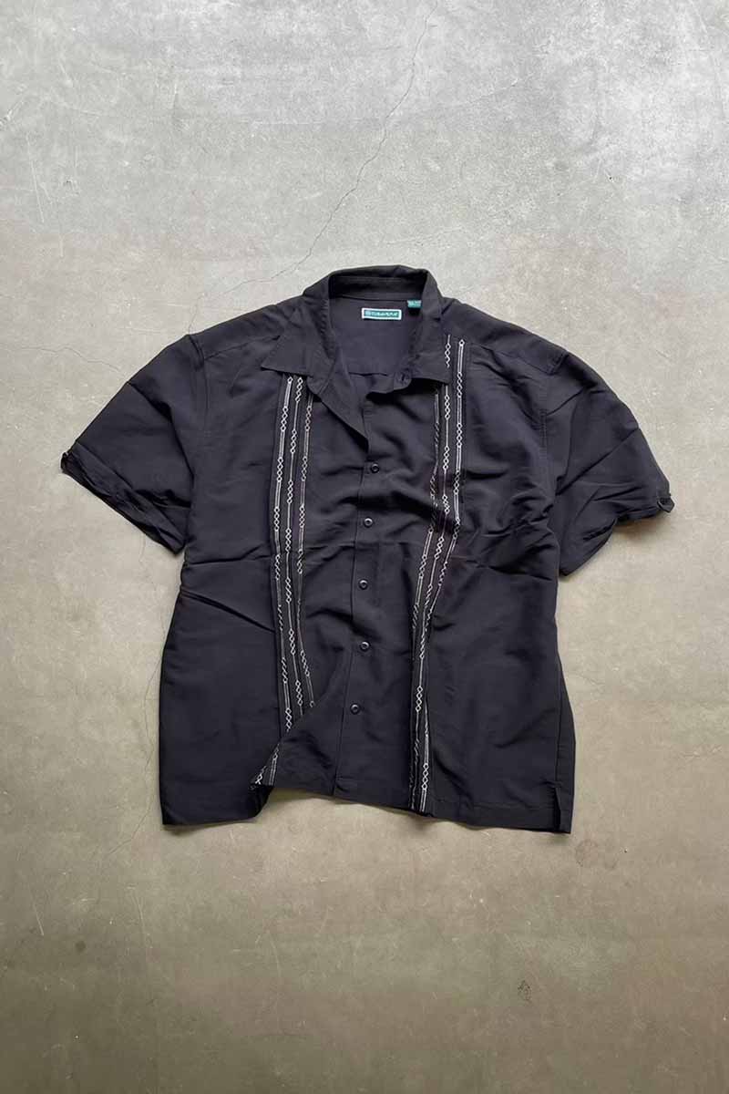 S/S STITCH DESIGN RAYON POLY SHIRT / BLACK [SIZE: XXL DEADSTOCK/NOS]