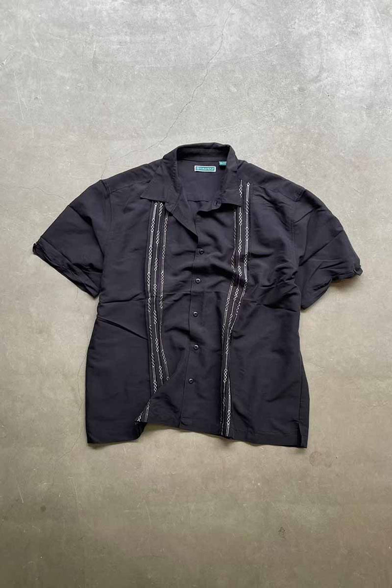 S/S STITCH DESIGN RAYON POLY SHIRT / BLACK [SIZE: XXL DAEDSTOCK/NOS]