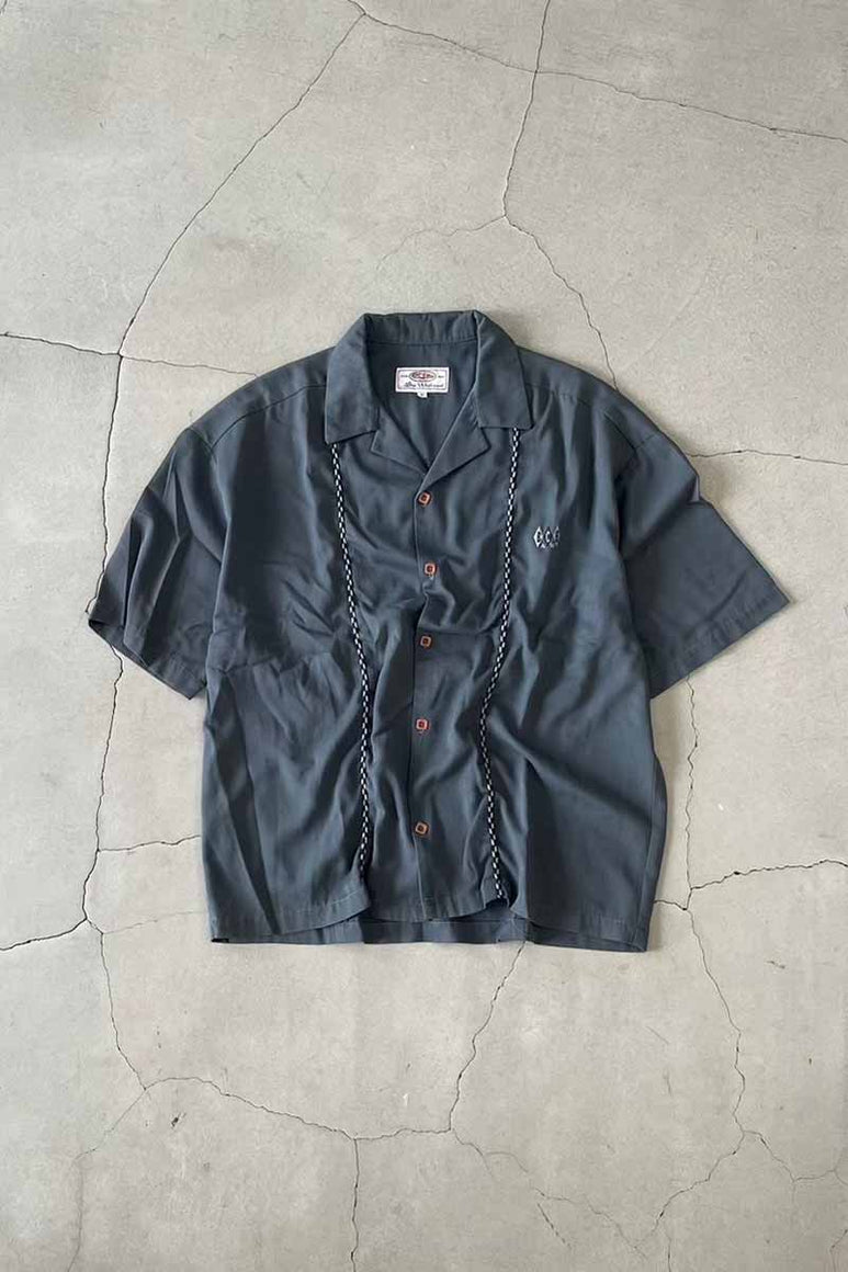 90'S S/S OPEN COLLAR EMBROIDERY LINE SHIRT / BLUE GREEN [SIZE: XL USED]
