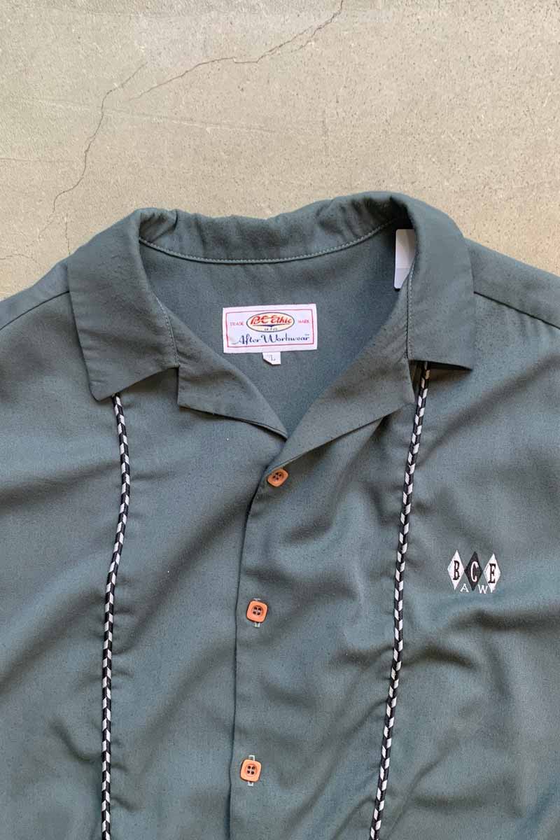 90'S S/S OPEN COLLAR EMBROIDERY LINE SHIRT / BLUE GREEN [SIZE: XL USED]