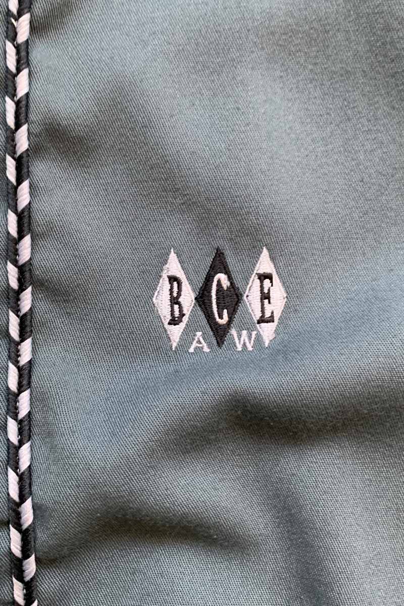 90'S S/S OPEN COLLAR EMBROIDERY LINE SHIRT / BLUE GREEN [SIZE: XL USED]