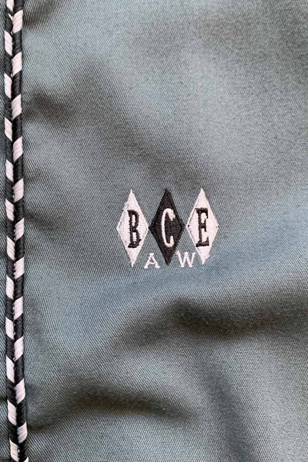 90'S S/S OPEN COLLAR EMBROIDERY LINE SHIRT / BLUE GREEN [SIZE: XL USED]