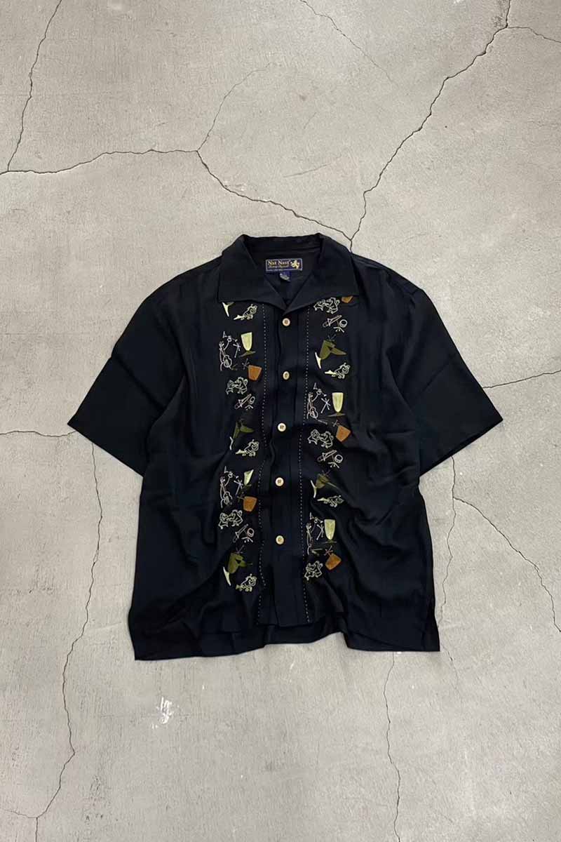 90'S S/S OPEN COLLAR EMBROIDERY SILK SHIRT / BLACK [SIZE: L USED]