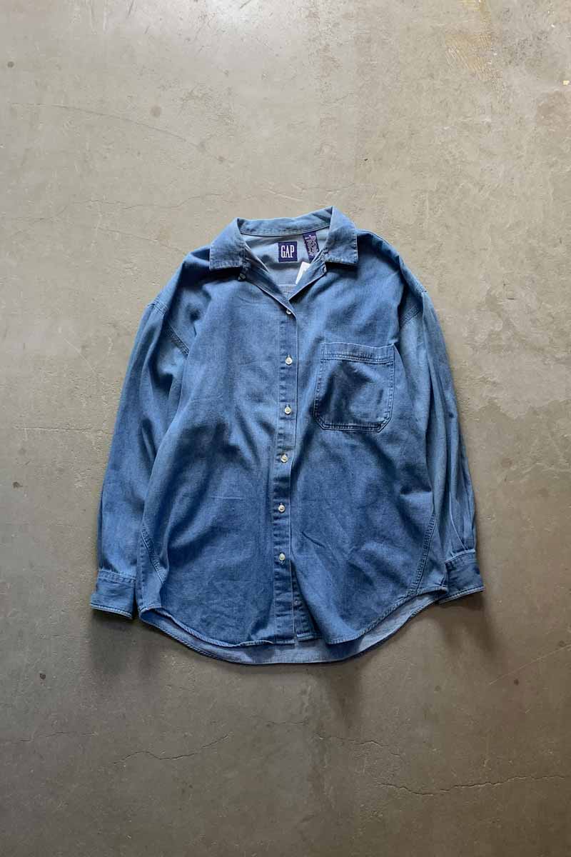90'S L/S OPEN COLLAR DENIM SHIRT / INDIGO [SIZE: M USED]