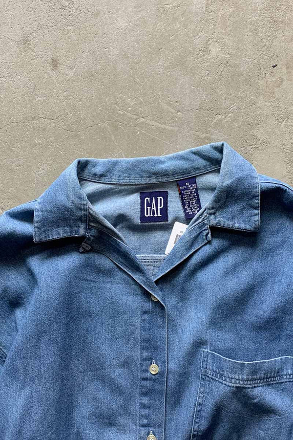 90'S L/S OPEN COLLAR DENIM SHIRT / INDIGO [SIZE: M USED]