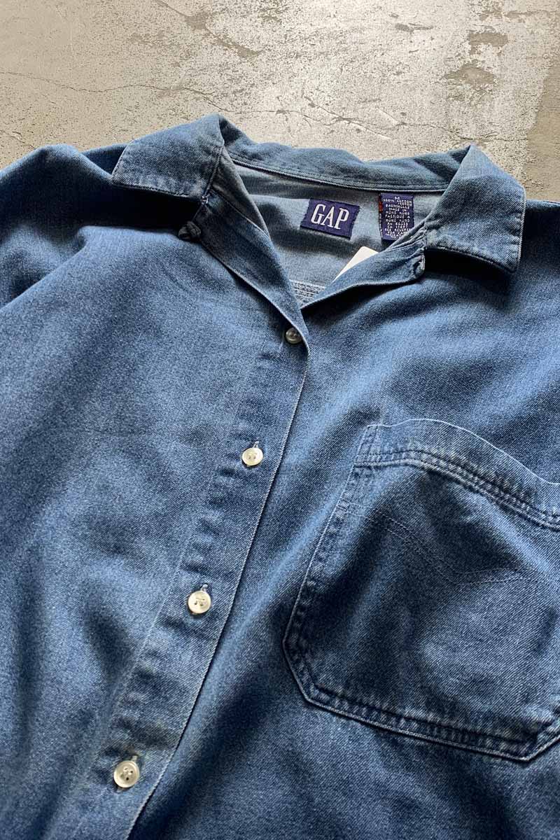90'S L/S OPEN COLLAR DENIM SHIRT / INDIGO [SIZE: M USED]