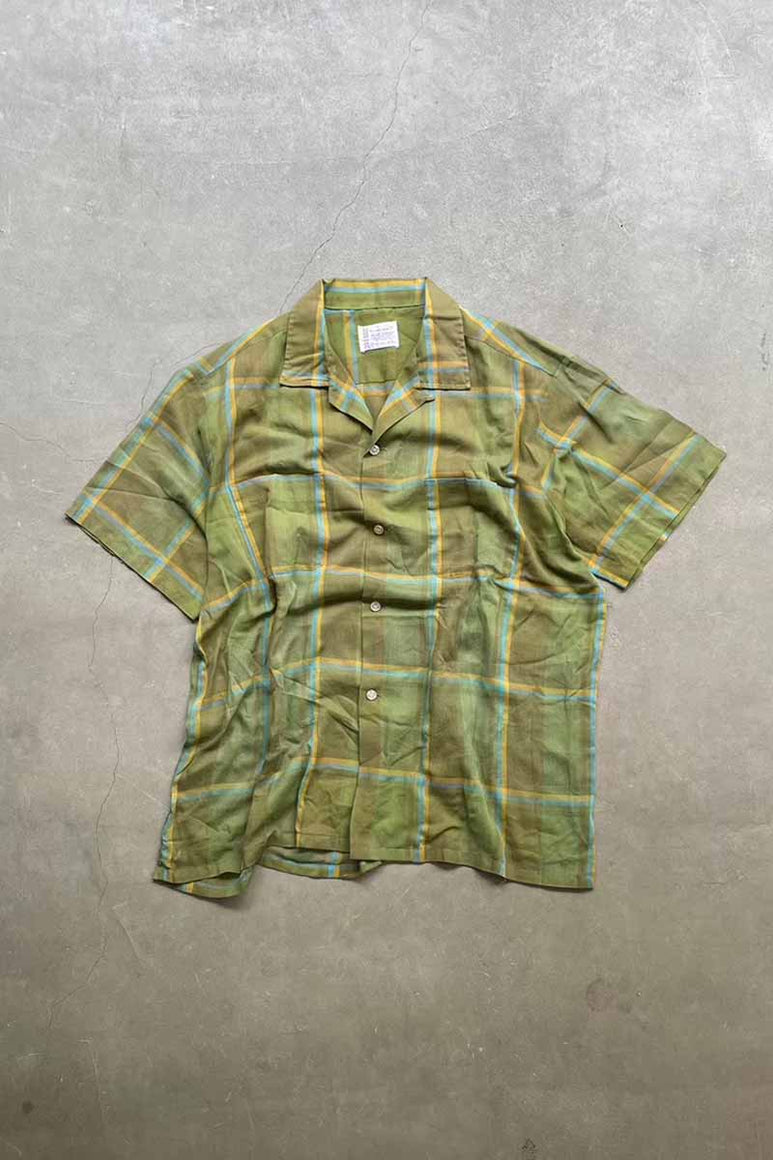 70'S S/S OPEN COLLAR CHECK SHIRT / GREEN [SIZE: L USED]