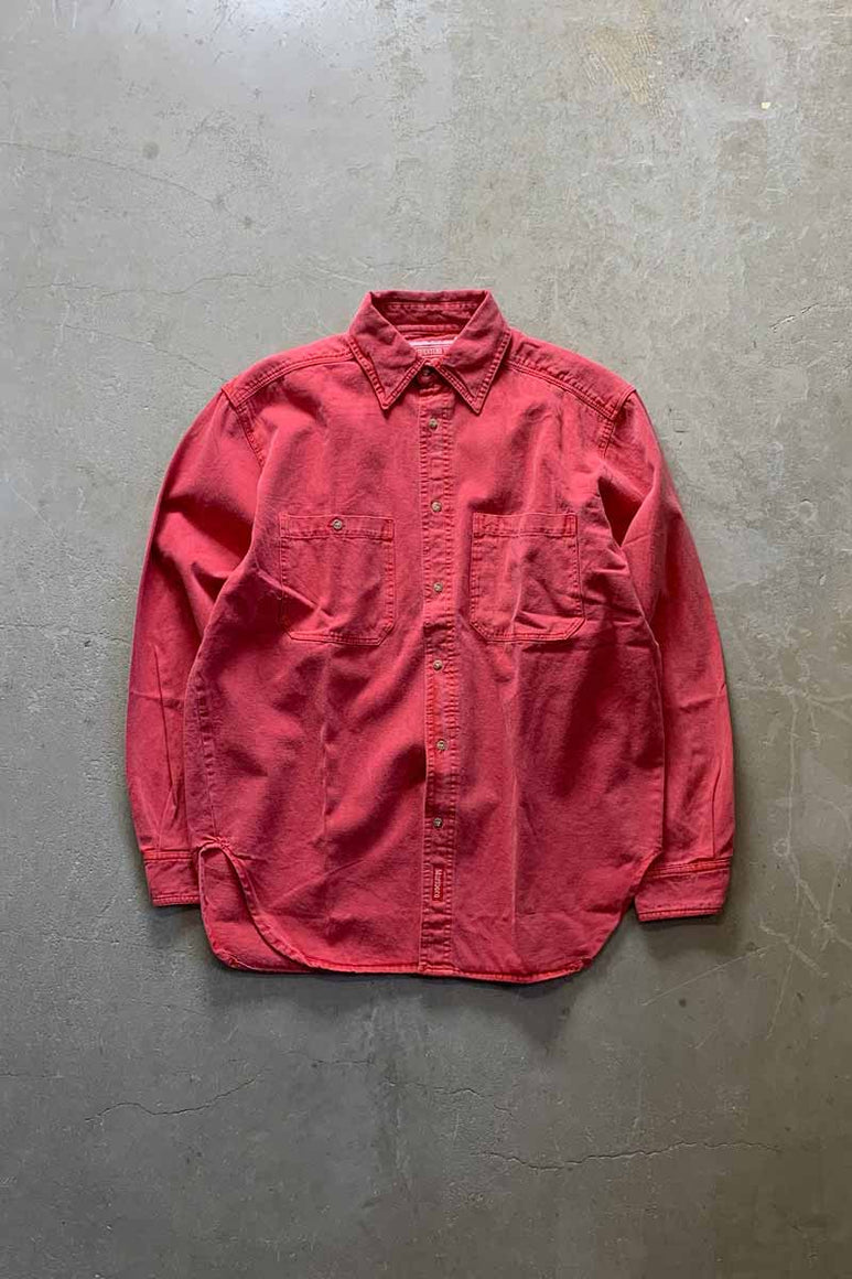 MADE IN USA 90'S L/S WASHED COTTON TWILL SHIRT / RED [SIZE: S DEADSTOCK/NOS]