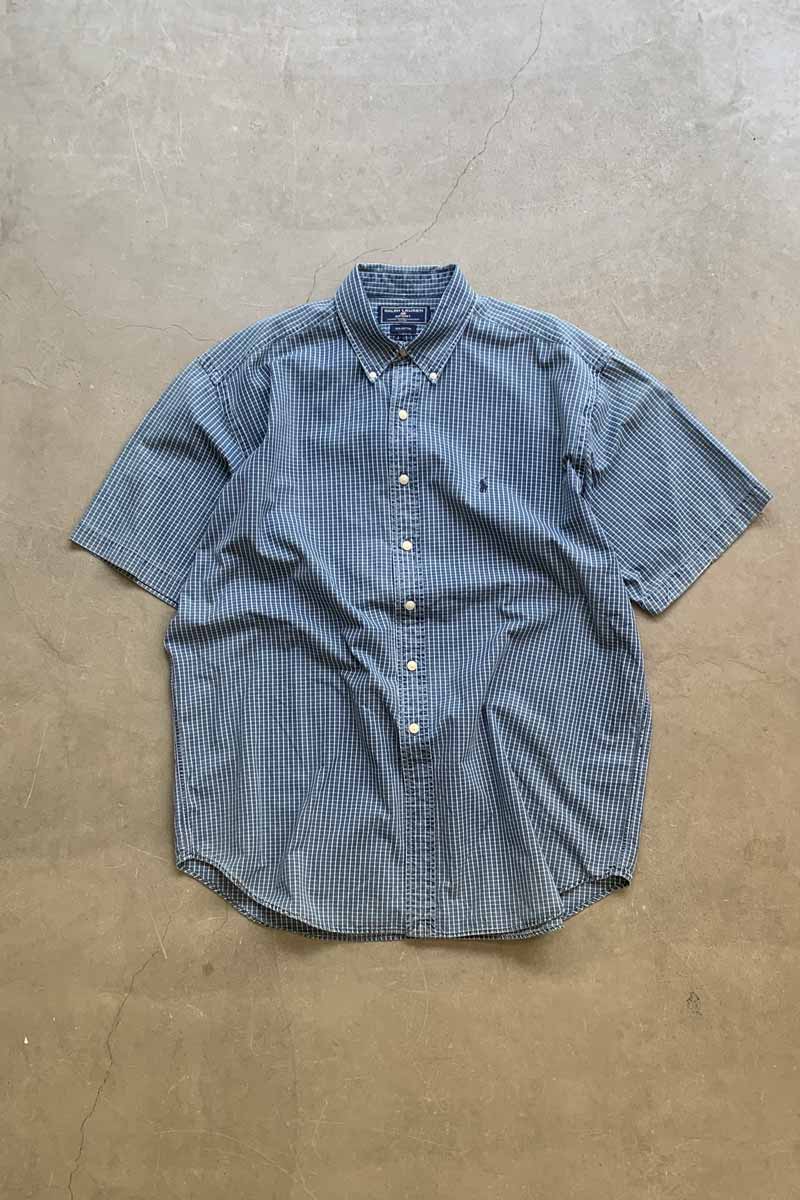 90s Short-Sleeve Button-Down Check Cotton Shirt / Blue [Size: XL, Used]