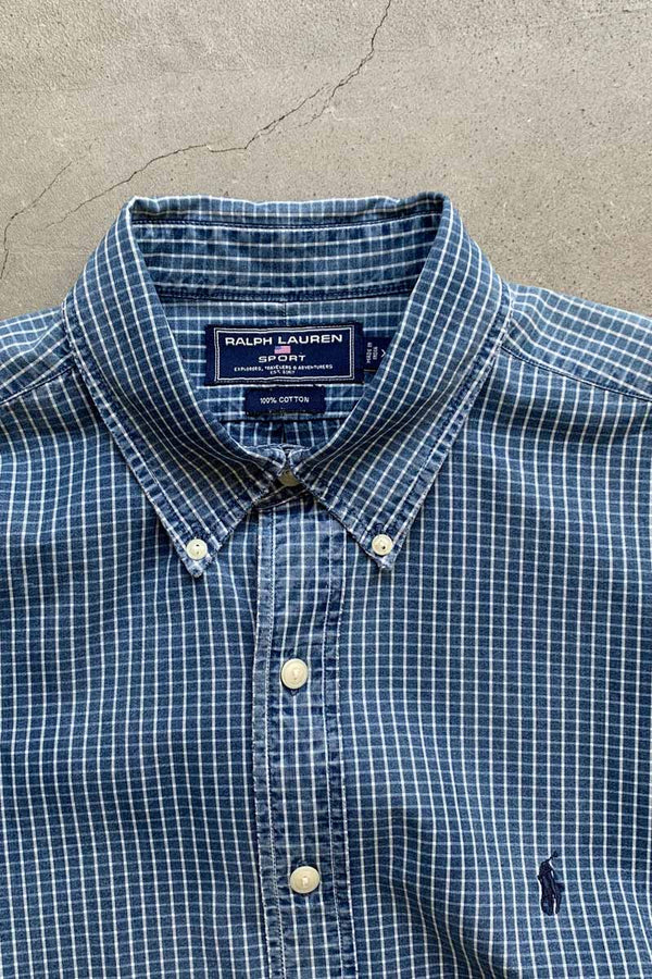 90s Short-Sleeve Button-Down Check Cotton Shirt / Blue [Size: XL, Used]