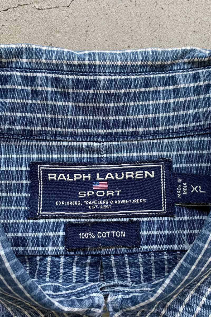 90s Short-Sleeve Button-Down Check Cotton Shirt / Blue [Size: XL, Used]