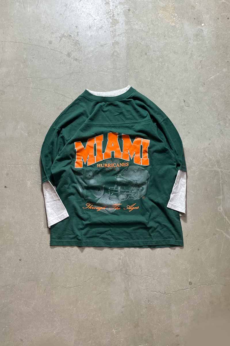 MADE IN USA DOCKING L/S NFL MIAMI HURRICANES PRINT SPORTS T-SHIRT / MULTI [SIZE: XL USED]