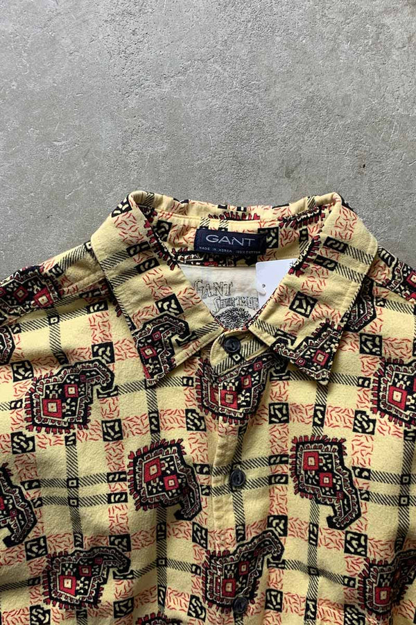 L/S CHECK DESIGN FLANNEL SHIRT / YELLOW [SIZE: L USED]