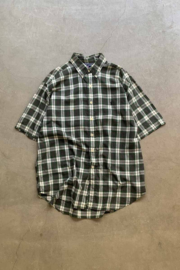 90's S/S B.D. CHECK COTTON SHIRT / GREEN [SIZE: L USED]