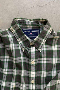 90'S S/S B.D CHECK COTTON SHIRT / GREEN [SIZE: L USED]