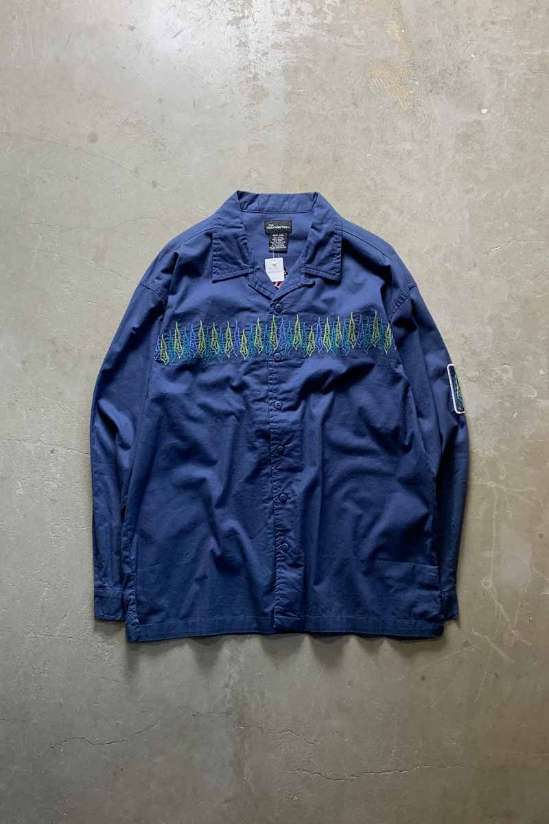 90'S L/S OPEN COLLAR EMBROIDERY DESIGN SHIRT / NAVY [SIZE: L DEADSTOCK/NOS]