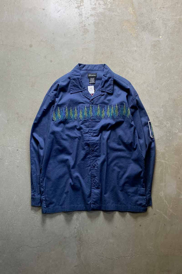 90'S L/S OPEN COLLAR EMBROIDERY DESIGN SHIRT / NAVY [SIZE: L DEADSTOCK/NOS]