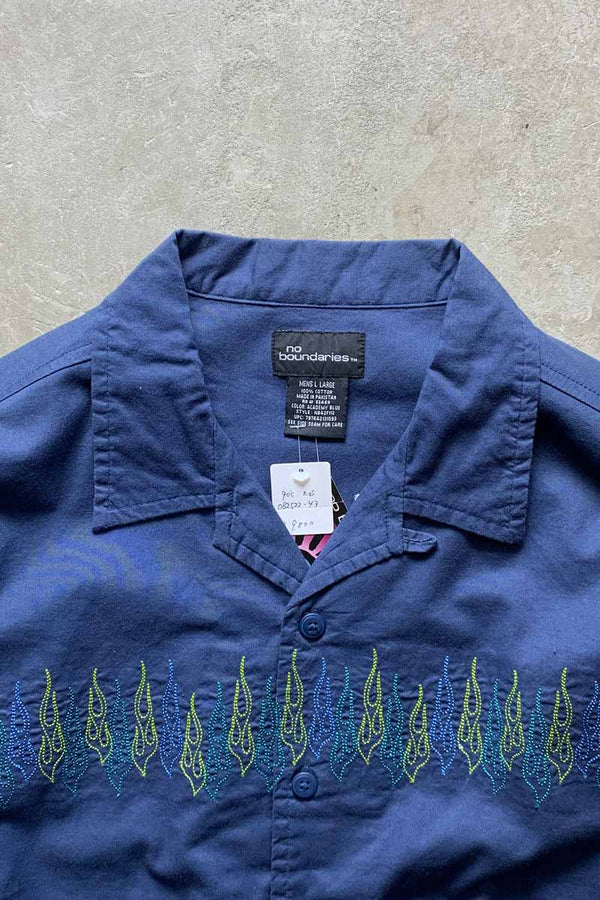 90'S L/S OPEN COLLAR EMBROIDERY DESIGN SHIRT / NAVY [SIZE: L DEADSTOCK/NOS]