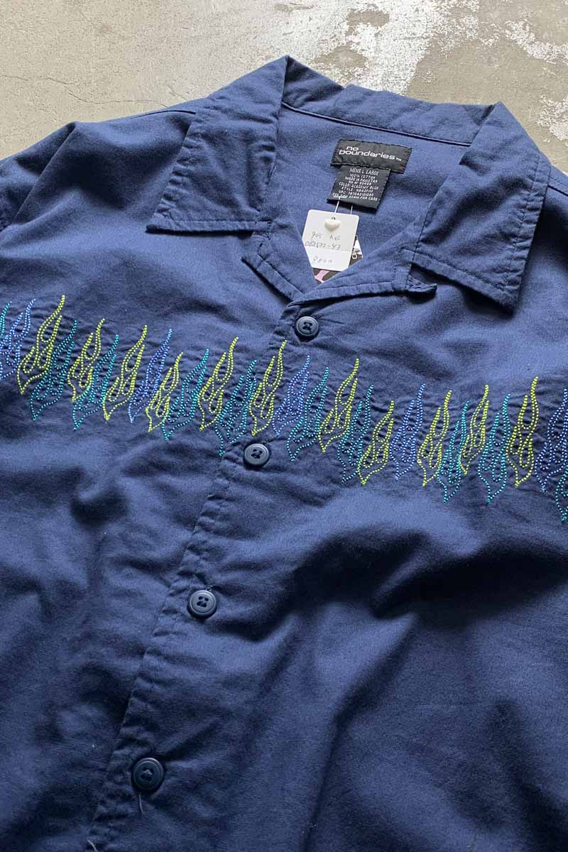 90'S L/S OPEN COLLAR EMBROIDERY DESIGN SHIRT / NAVY [SIZE: L DEADSTOCK/NOS]
