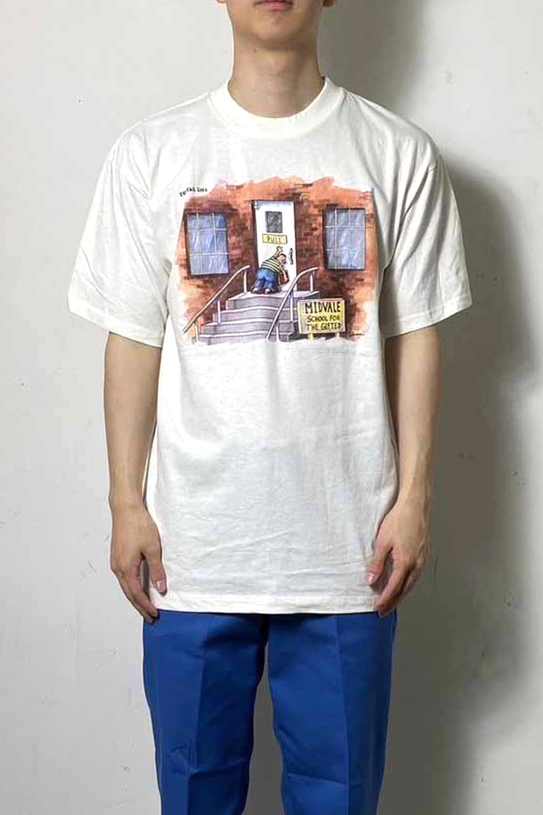 MADE IN USA 90'S S/S BOY PRINT MESSAGE T-SHIRT / WHITE [SIZE: L DEADSTOCK/NOS]