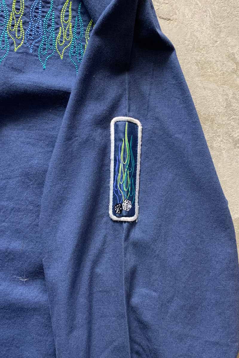 90'S L/S OPEN COLLAR EMBROIDERY DESIGN SHIRT / NAVY [SIZE: L DEADSTOCK/NOS]