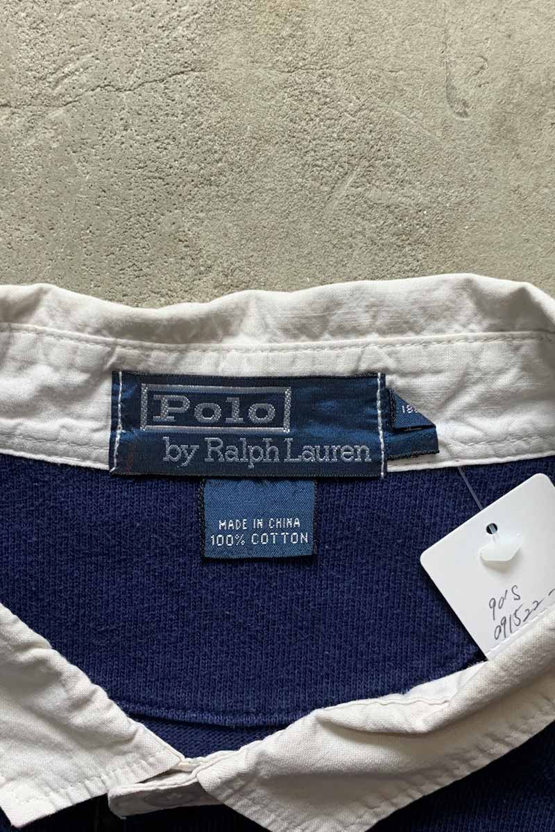 90'S L/S EMBROIDERY POLO SHIRT / NAVY [SIZE: L USED]