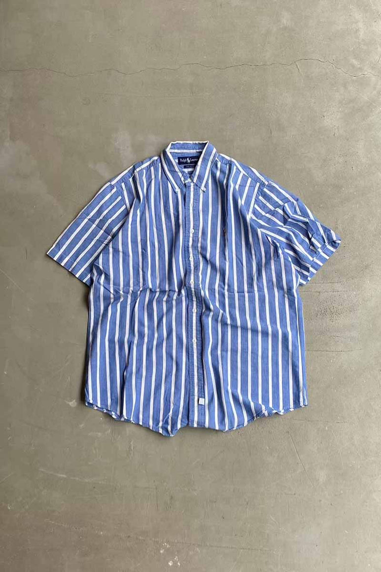 90'S S/S B.D COTTON STRIPE SHIRT / BLUE [SIZE: XL USED]