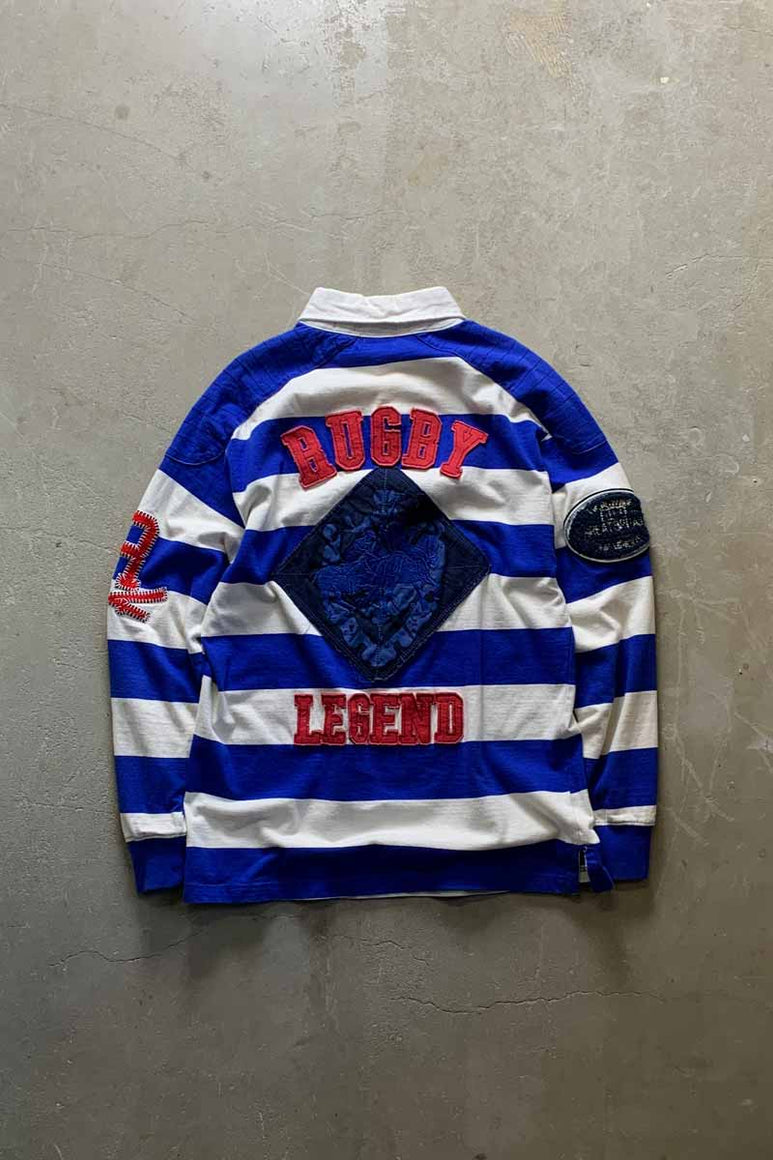 L/S RUGBY LEGEND BACK EMBROIDERY BORDER RUGBY SHIRT / WHITE / BLUE [SIZE: XL USED]