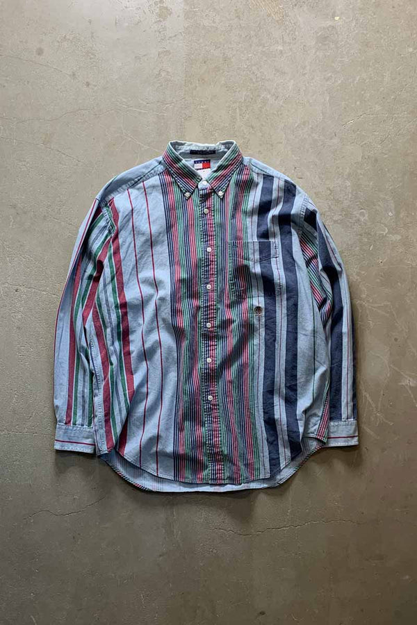 90'S L/S B.D MULTI STRIPE SHIRT / BLUE [SIZE: L USED]