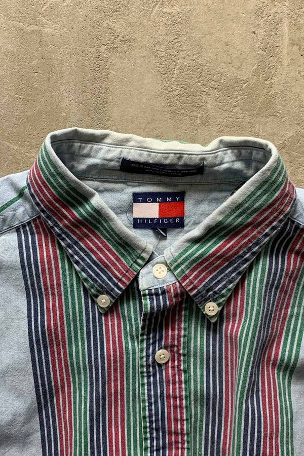 90'S L/S B.D MULTI STRIPE SHIRT / BLUE [SIZE: L USED]