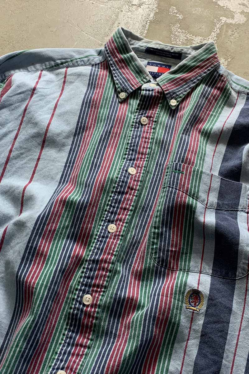 90'S L/S B.D MULTI STRIPE SHIRT / BLUE [SIZE: L USED]