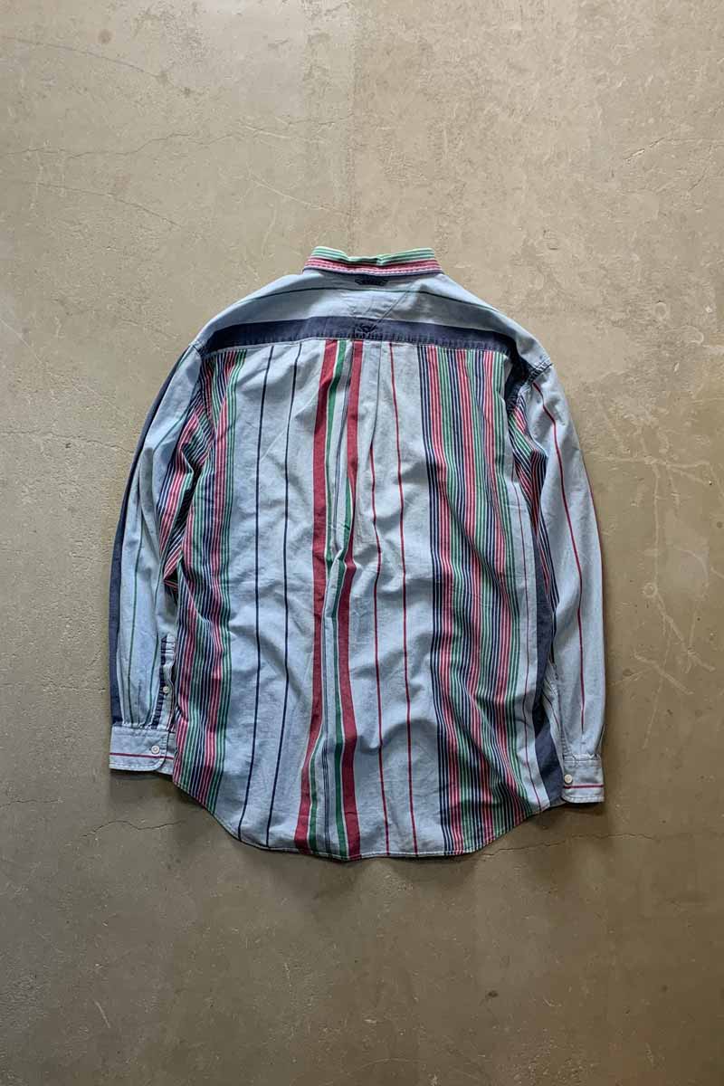 90'S L/S B.D MULTI STRIPE SHIRT / BLUE [SIZE: L USED]