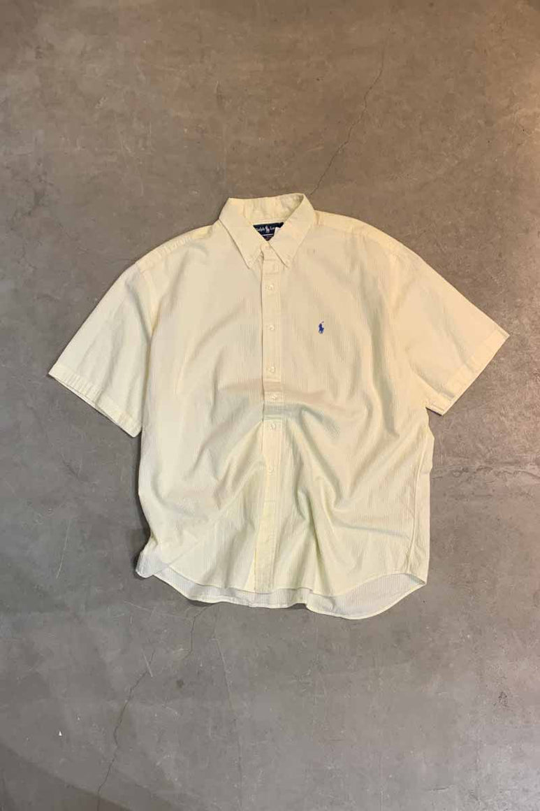 90'S S/S STRIPE SEERSUCKER BLAKE BOX SHIRT / WHITE / YELLOW [SIZE: XL USED]