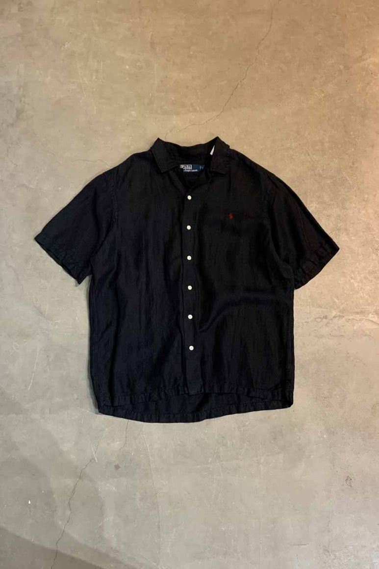 90'S S/S OPEN COLLAR BIG POLO SILK LINEN SHIRT / BLACK [SIZE: L USED]