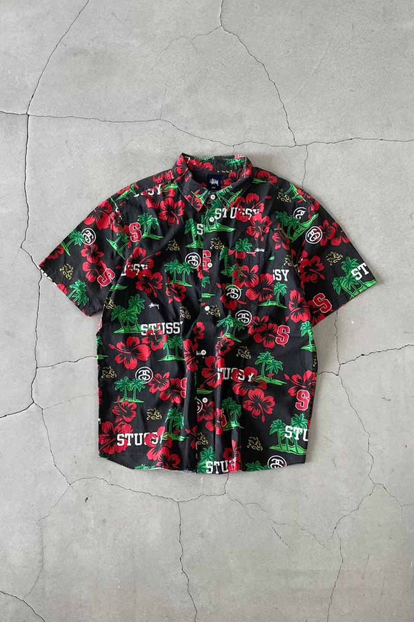 90'S S/S COTTON HAWAIIAN SHIRT / BLACK [SIZE: L USED]