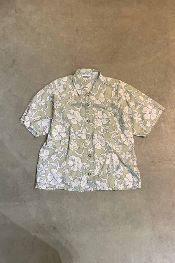 MADE IN USA 90'S S/S FLOWER DESIGN COTTON SHIRT / LIGHT KHAKI [SIZE: L USED]