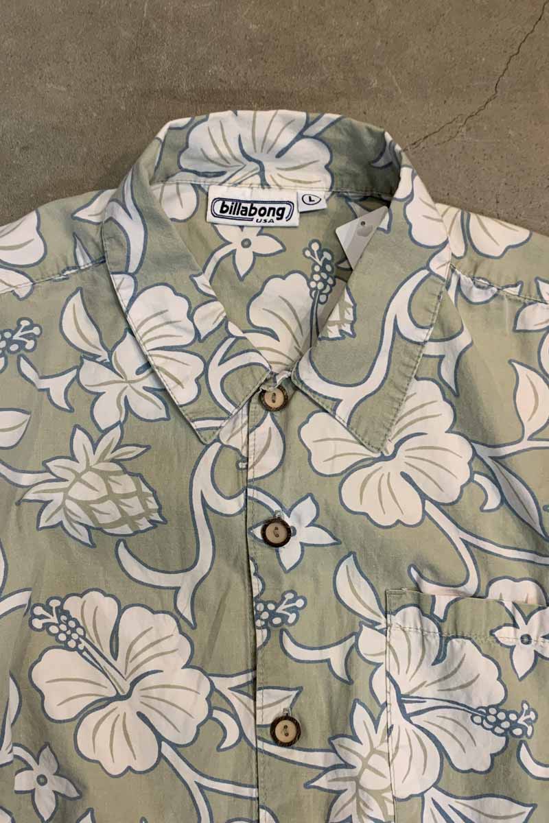 MADE IN USA 90'S S/S FLOWER DESIGN COTTON SHIRT / LIGHT KHAKI [SIZE: L USED]