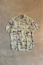 画像をギャラリービューアに読み込む, 90&#39;S S/S OPEN COLLAR COTTON LINEN HAWAIIAN SHIRT / GREEN [SIZE: M USED]
