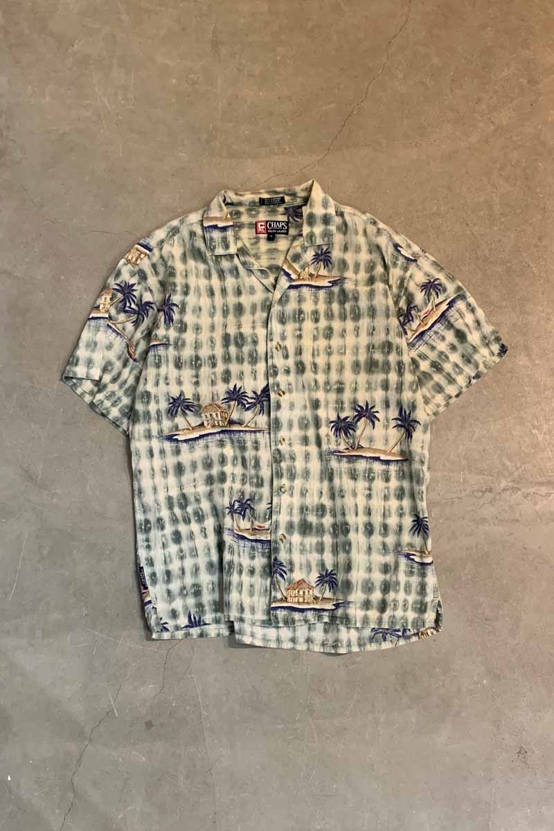 90'S S/S OPEN COLLAR COTTON LINEN HAWAIIAN SHIRT / GREEN [SIZE: M USED]