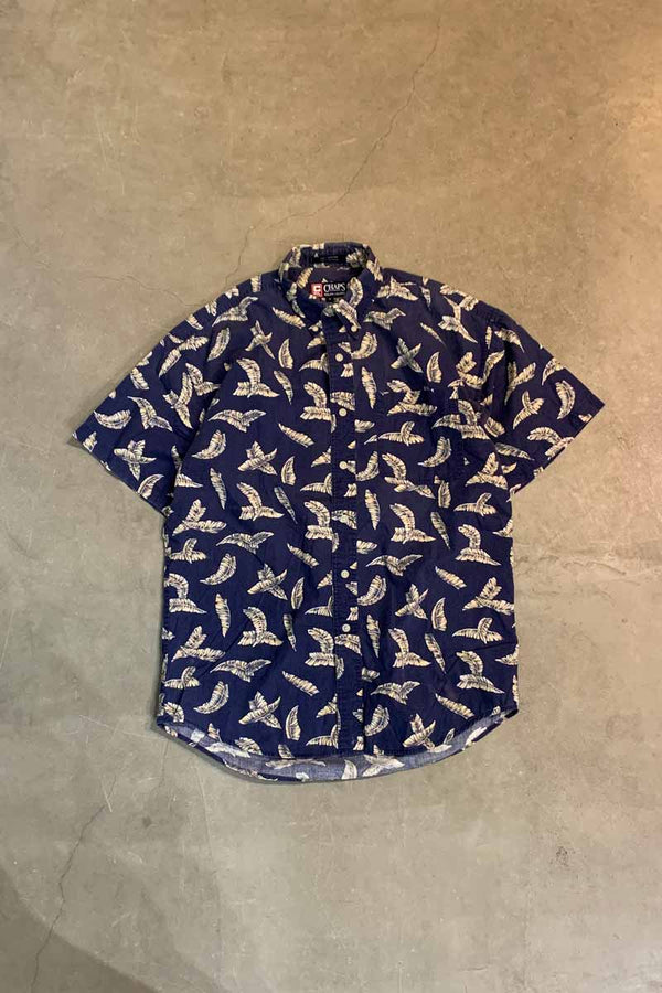 90'S S/S LEAF DESIGN B.D COTTON SHIRT / NAVY [SIZE: M USED]