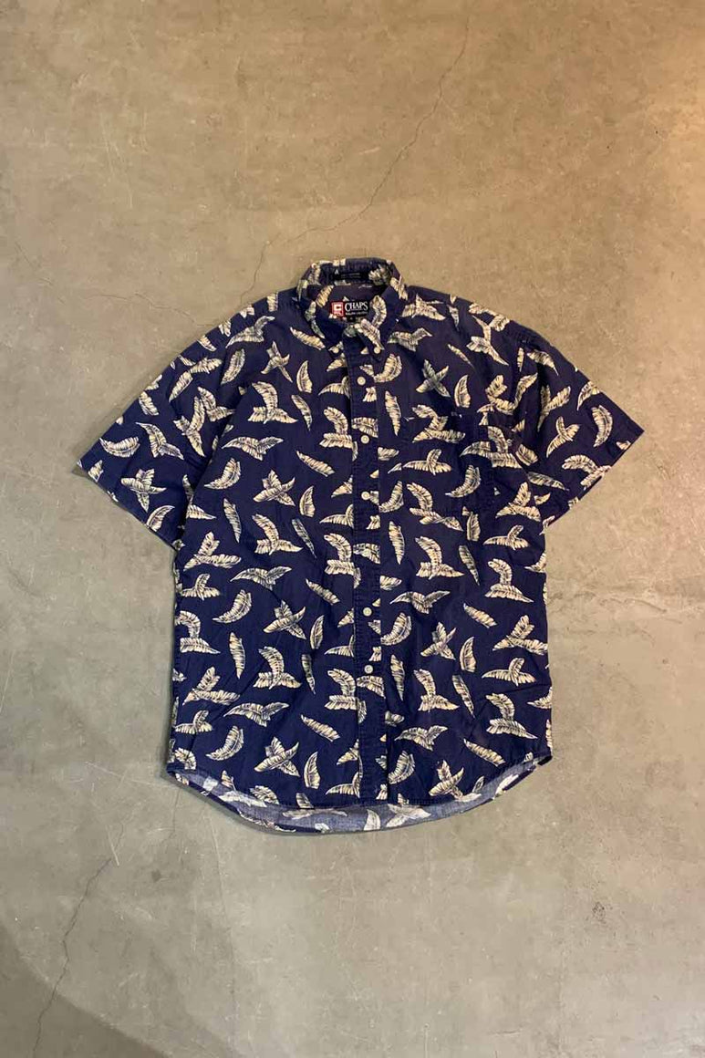 90'S S/S LEAF DESIGN B.D COTTON SHIRT / NAVY [SIZE: M USED]